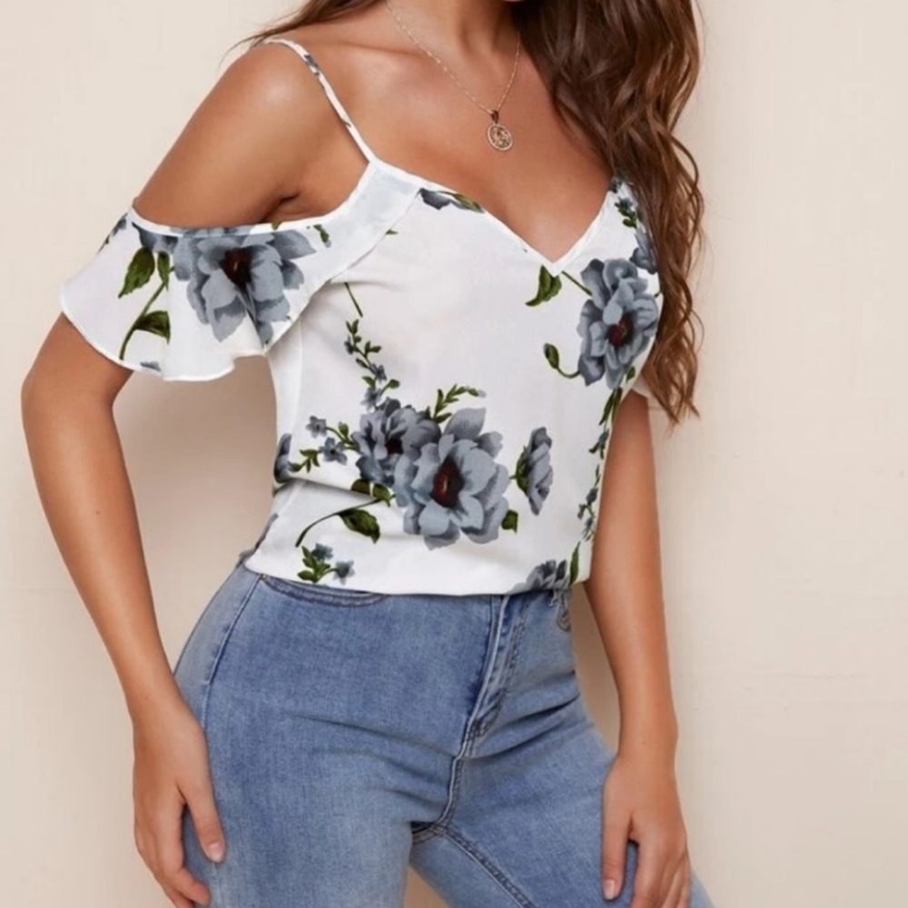 White & Blue Floral Cold-shoulder Camisole Top